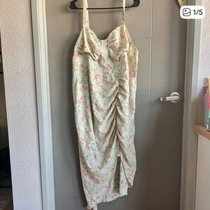 SHEIN Pale Green Floral Ruched Slip Midi Dress